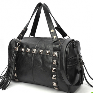 Fringed Rivet Optional Strap Black Handbag..