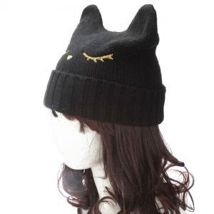 Cute Black Cat Ear Hat Cuffed Stretch Knit Beanie..