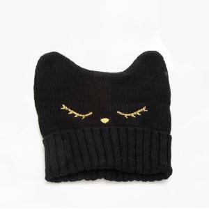 Cute Black Cat Ear Hat Cuffed Stretch Knit Beanie..