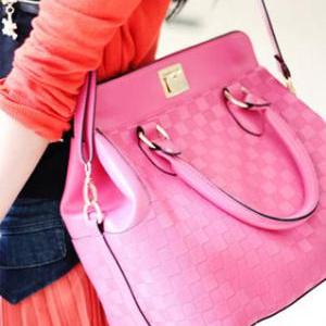 Rose Red Quilted Plaid Double Handle Handbag Bag..