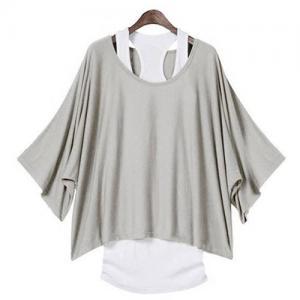 Casual Loose Fitting Batwing Sleeve Solid Color Shirt With Vest Set ...