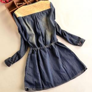 Long Sleeve Crochet Lace Belted Wash Denim Dress..