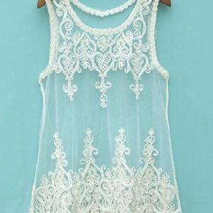 Black White Sheer Embroidery Lace Mesh Tank Top T..