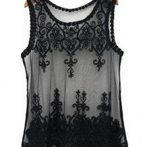 Black White Sheer Embroidery Lace Mesh Tank Top T..