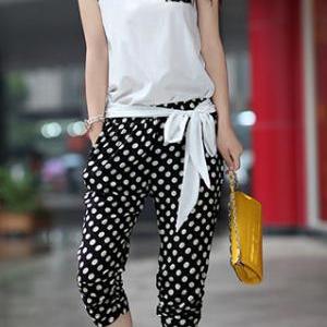 Tank Top And Polka Dots Cropped Trousers Pants..