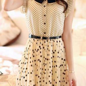 Polka Dots Ruffle Cap Sleeve Button Front Pleated..