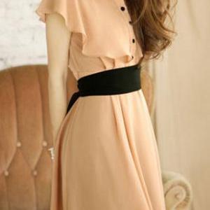Apricot Ruffle Button Front Self Belt Pleated..