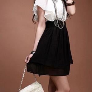 Black And White Butterfly Sleeve Belted Bow Dress..