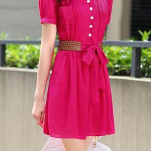 Short Sleeve Button Front Belted Bow Pleated Dress..