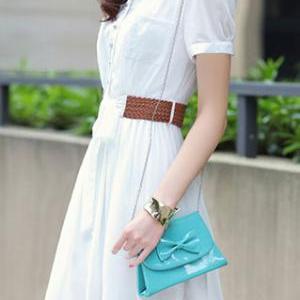 Short Sleeve Button Front Belted Bow Pleated Dress..