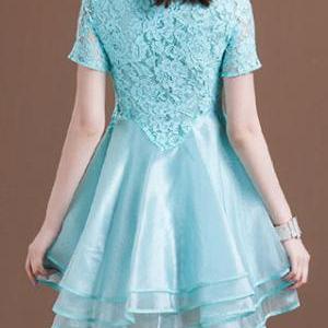 Embroidery Flower Short Sleeve Layered Lace..