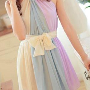 Color Block Belted Bow Sleeveless Pleated Halter..