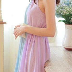 Color Block Belted Bow Sleeveless Pleated Halter..