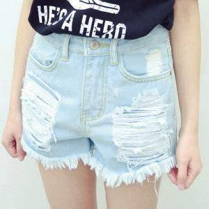 Loose Fit High Waist Fringed Ripped Denim Shorts..