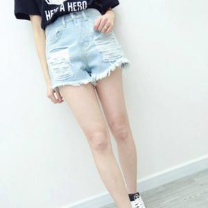 Loose Fit High Waist Fringed Ripped Denim Shorts..
