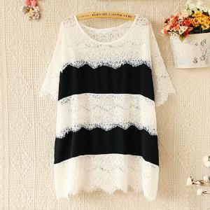 Black And White Stripe Short Sleeve Relaxed Lace..