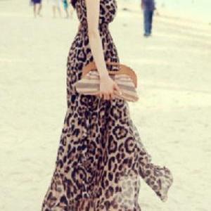 Low Cut V Neck Leopard Print Sleeveless Maxi Dress..