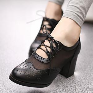 Cutout Mesh Block Heel Lace Up Oxford Shoes..