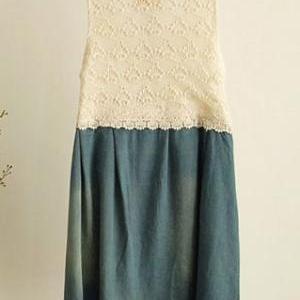 Buttoned Crochet Lace Tank Top Sleeveless Denim..