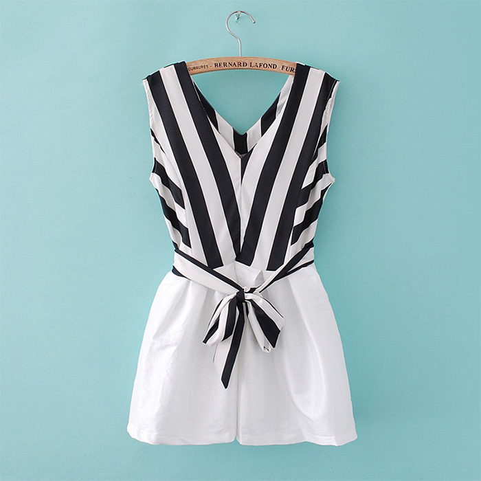 [grzxy6600042]Black & White Strip Print V-neckline Bowknot Bubble Dress ...