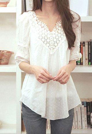[grzxy6600247]sweet Elegant Floral Crochet Lace Spliced White T-shirt