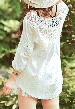 [grzxy6600247]sweet Elegant Floral Crochet Lace Spliced White T-shirt ...