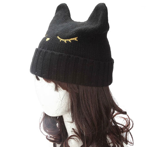 Cute Black Cat Ear Hat Cuffed Stretch Knit Beanie Warm Winter Cap [grzxy61800012]