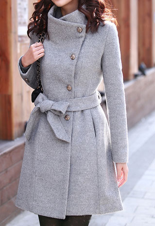 European Style Slim Bowknot Sash Pure Color Worsted Coat [grzxy6600525]