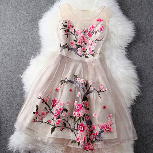 Embroidery Flowers Sheer Ruffled Layered Evening Tank Dress [grzxy6601015]