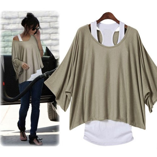 Casual Loose Fitting Batwing Sleeve Solid Color Shirt With Vest Set [grzxy6601214]