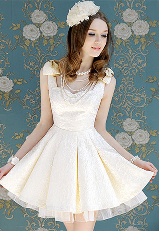 Bowknot Sleeveless Tunic White Jacquard Skater Dress Flared Skirt [grzxy6601224]