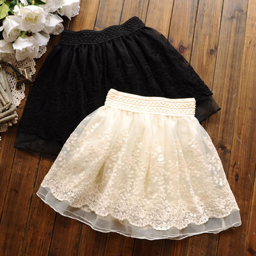 Wide Elastic Waist Layered Crochet Lace Flared Tulle Skirt [grzxy6601257]