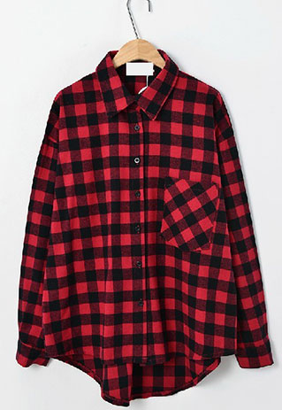 Asym Hem Contrast Color Checks Plaid Boyfriend Loose Fit Shirt Top ...