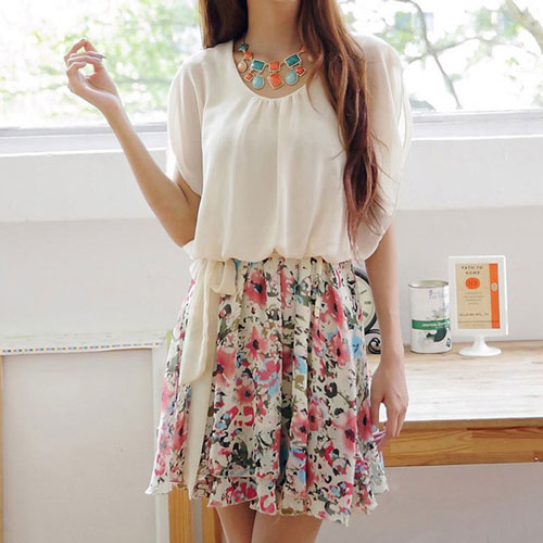 Bowknot Belted Ruched Butterfly Sleeve Crewneck Floral Skirt Skater Dress [grzxy6601308]