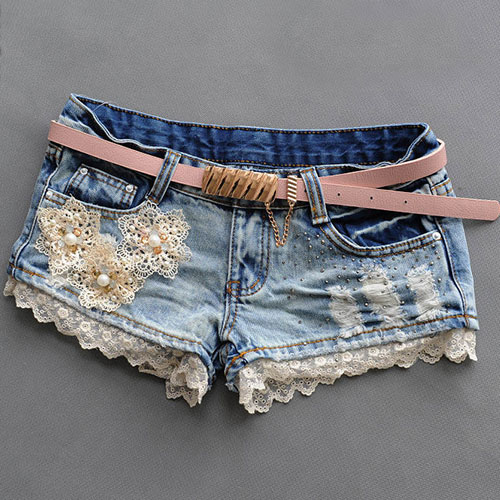 Beaded Lace Flower Rhinestones Destroyed Short Denim Jeans Cutoffs [grzxy6601385]