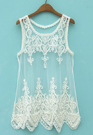 Black White Sheer Embroidery Lace Mesh Tank Top T Shirt [grzxy6601436]