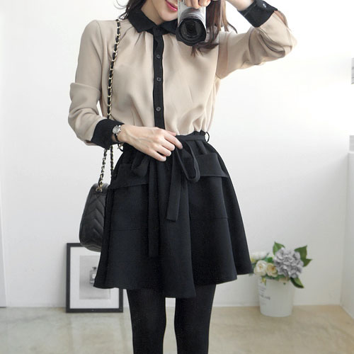 Contrast Color Long Sleeve Button Down Shirt Pleated Dress ...