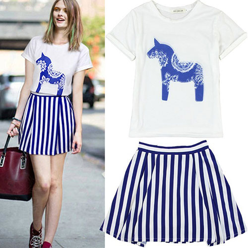Mesh Horse Print Short Sleeve T Shirt And Striped Skirt [grzxy6601492]