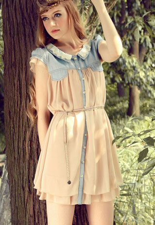 Contrast Color Button Down Short Sleeve Pleated Lace Dress ...
