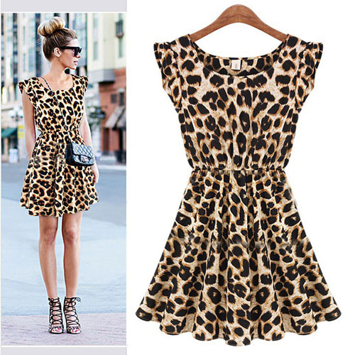 Stylish Leopard Print Pleated Sleeveless Bodycon Skater Dress [grzxy6601535]