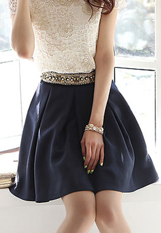 Royal Blue Embellished Rivets High Waisted Pleated Skirt [grzxy6601570]