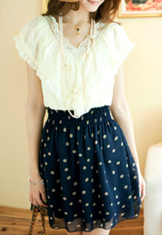 Ruffle Short Sleeve Polka Dot Lace Neckline High Waisted Dress [grzxy6601584]
