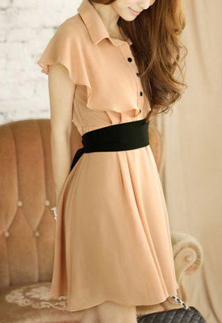 Apricot Ruffle Button Front Self Belt Pleated Dress [grzxy6601585]