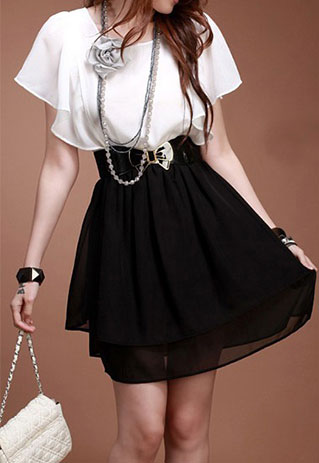 Black And White Butterfly Sleeve Belted Bow Dress [grzxy6601586] on Luulla
