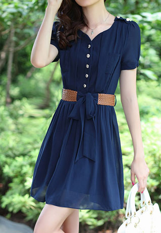 Short Sleeve Button Front Belted Bow Pleated Dress [grzxy6601587]