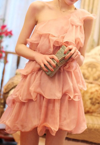[grzxy6601603]bridesmaid Layered One Shoulder Pink Ruffled Mini Dress