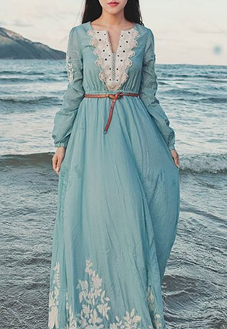 [grzxy6601611]embroidery Flower Long Sleeve High Waisted Maxi Dress