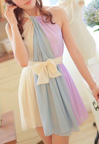 Color Block Belted Bow Sleeveless Pleated Halter Dress [grzxy6601618]