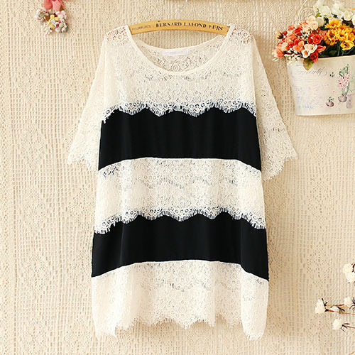 Black And White Stripe Short Sleeve Relaxed Lace Blouse [grzxy6601671]