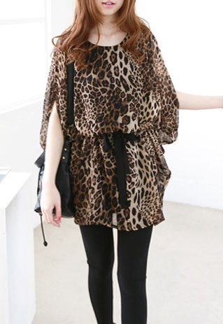 Oversized Wild Batwing Sleeve Leopard Print Belted Dress [grzxy6601679]